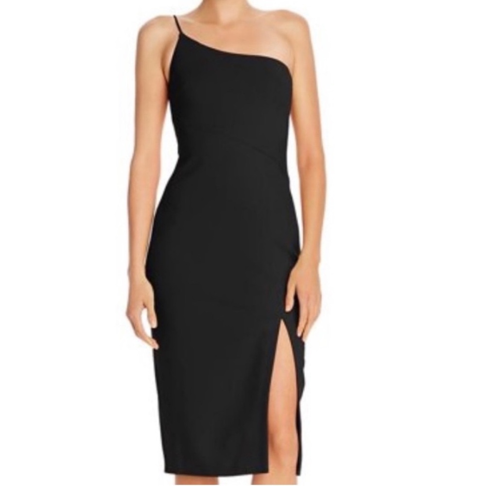 Likely One-Shoulder Black Midi Dress with Side Slit